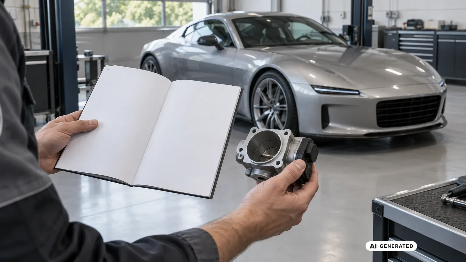 Dokumenten- und Bauteilabgleich für den Beitrag Porsche 911 Carrera 992.1; Schrift und persönliche Daten sind nicht lesbar. — KI-generierte Szene, redaktionell geprüft