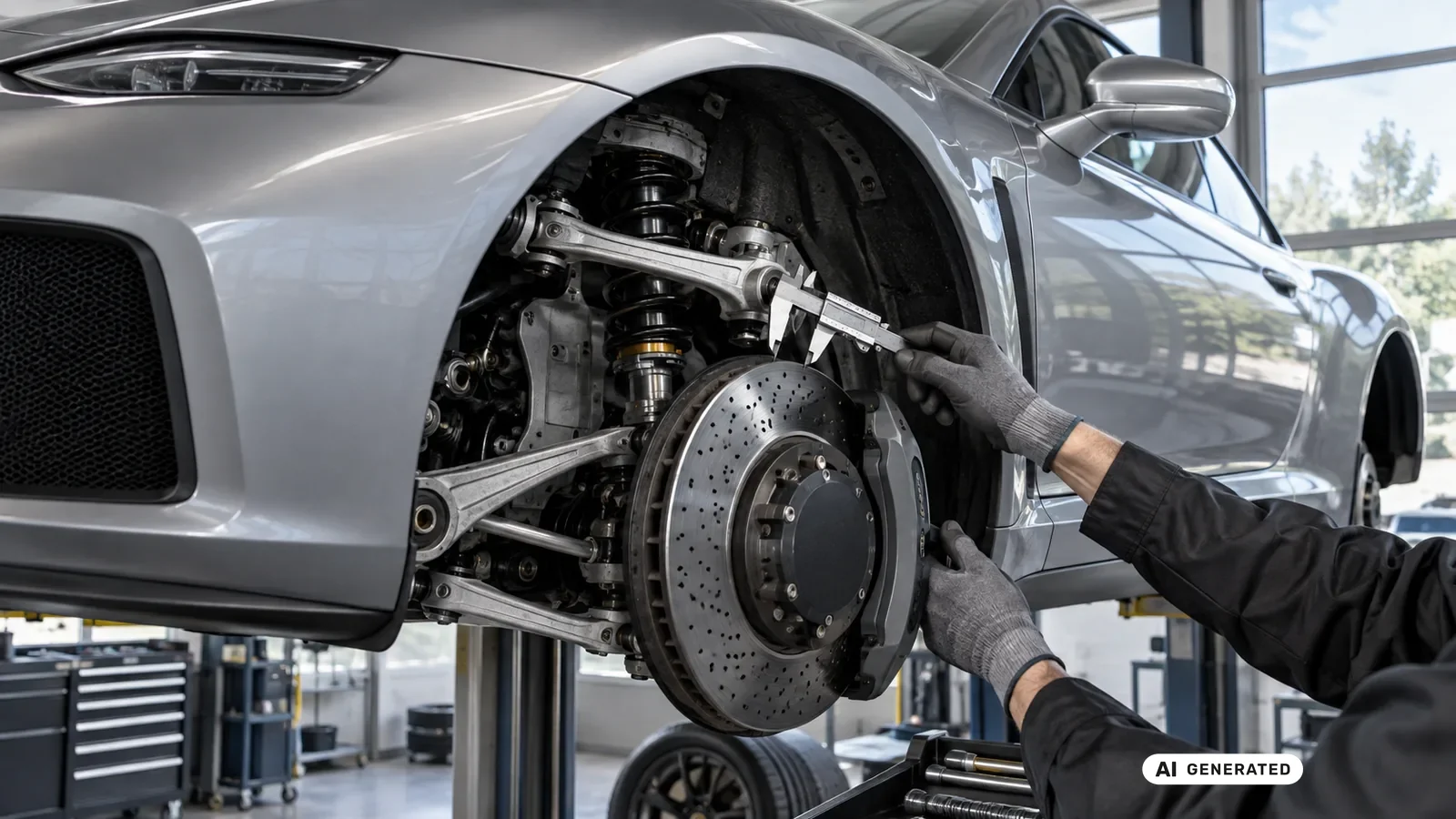 Technische Detailprüfung zum Thema PASM, PDCC, Lift und Fahrwerk an einer neutralen Fahrzeugdarstellung für Porsche 911 Carrera 992.1. — KI-generierte Szene, redaktionell geprüft