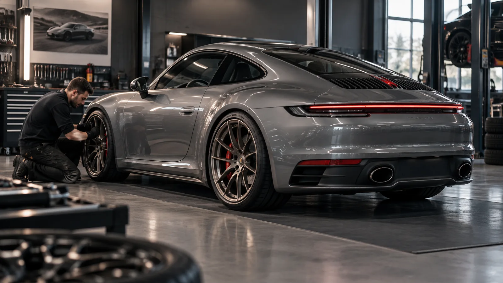 Porsche 911 Carrera 992.1 2019–2024 legal tunen: Servicetechniker prüft das Fahrzeug in der Kfz-Werkstatt. KI-generiertes Symbolbild · redaktionell geprüft.