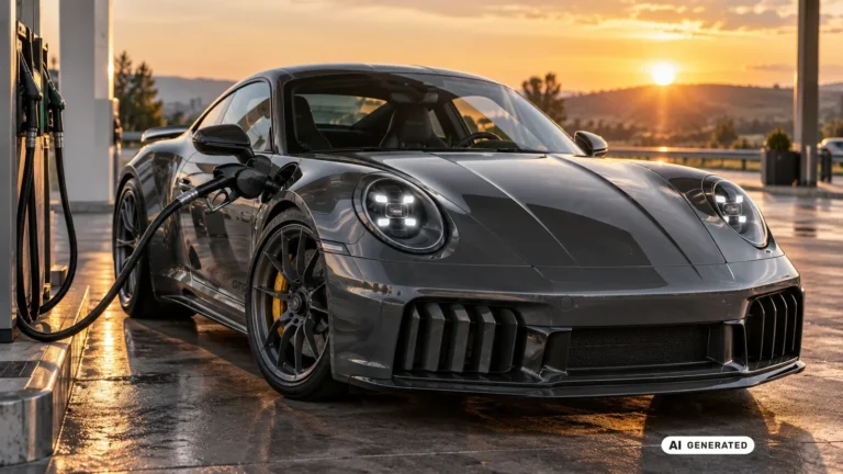 Porsche 911 992.2 Carrera GTS T-Hybrid beim Tanken an der Zapfsäule. KI-generiertes Symbolbild · redaktionell geprüft.
