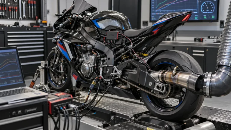 Motorrad auf dem Leistungsprüfstand, verkabeltes Steuermodul im Heck, Monitor mit Kurven und Anzeigen dahinter. KI-generiertes Symbolbild · redaktionell geprüft.