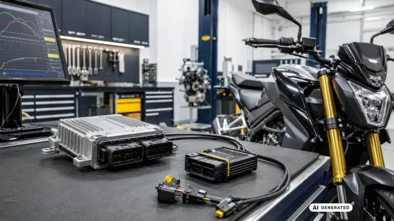 KI-generiertes Symbolbild, redaktionell geprüft: Ein Steuermodul mit Kabelbaum liegt auf der Werkbank, dahinter steht ein Motorrad vor zwei Monitoren