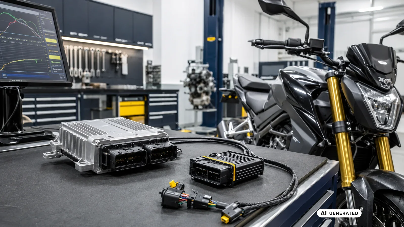 KI-generiertes Symbolbild, redaktionell geprüft: Ein Steuermodul mit Kabelbaum liegt auf der Werkbank, dahinter steht ein Motorrad vor zwei Monitoren