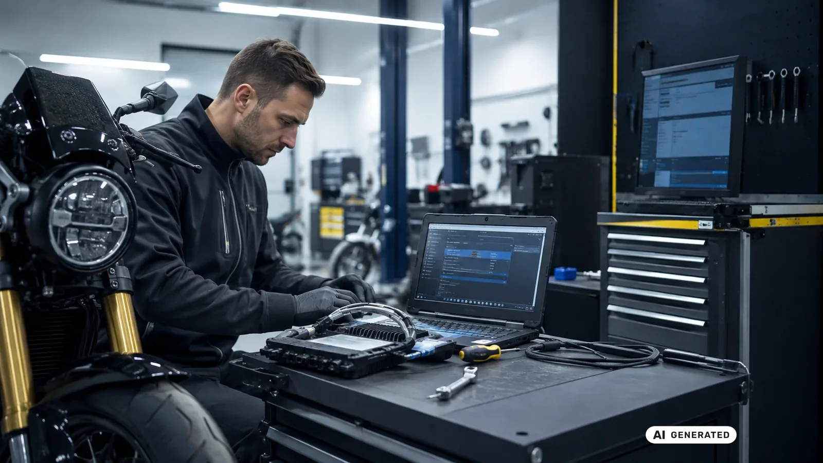 KI-generiertes Symbolbild, redaktionell geprüft: Ein Techniker verbindet ein ausgebautes Steuergerät per Kabelsatz mit einem Laptop neben einem Motorrad — KI-generierte Szene, redaktionell geprüft