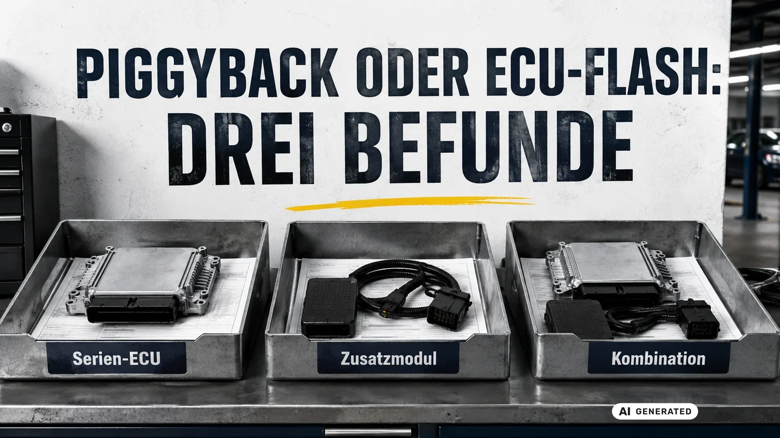 Drei Steuergerätefälle im Vergleich: Serien-ECU, zusätzliches Modul und die Kombination aus beidem. — KI-generierte Szene, redaktionell geprüft