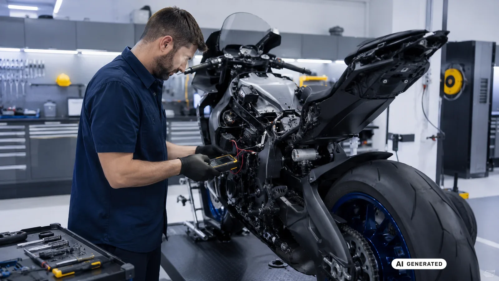 KI-generiertes Symbolbild, redaktionell geprüft: Ein Techniker verkabelt an der geöffneten Flanke eines Motorrads ein Zusatzsteuergerät auf der Bühne — KI-generierte Szene, redaktionell geprüft