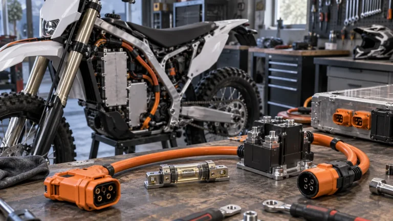 Schütz, Hochvoltsicherung und orangefarbene Steckverbinder auf der Werkbank eines zerlegten E-Enduro-Umbaus. KI-generiertes Symbolbild · redaktionell geprüft.