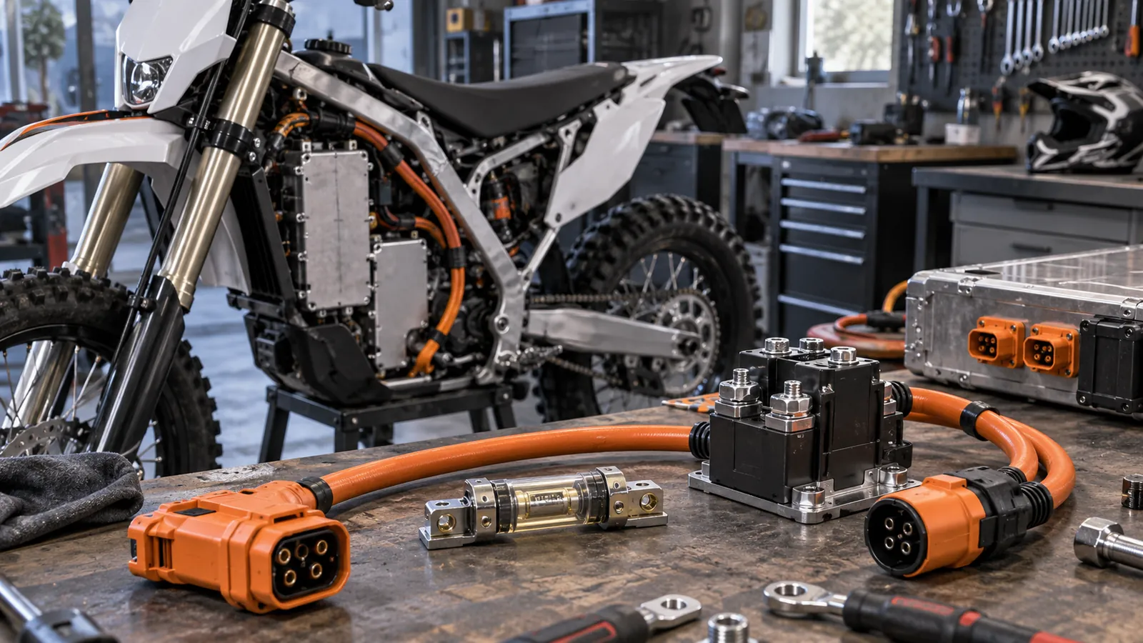 Schütz, Hochvoltsicherung und orangefarbene Steckverbinder auf der Werkbank eines zerlegten E-Enduro-Umbaus. KI-generiertes Symbolbild · redaktionell geprüft.