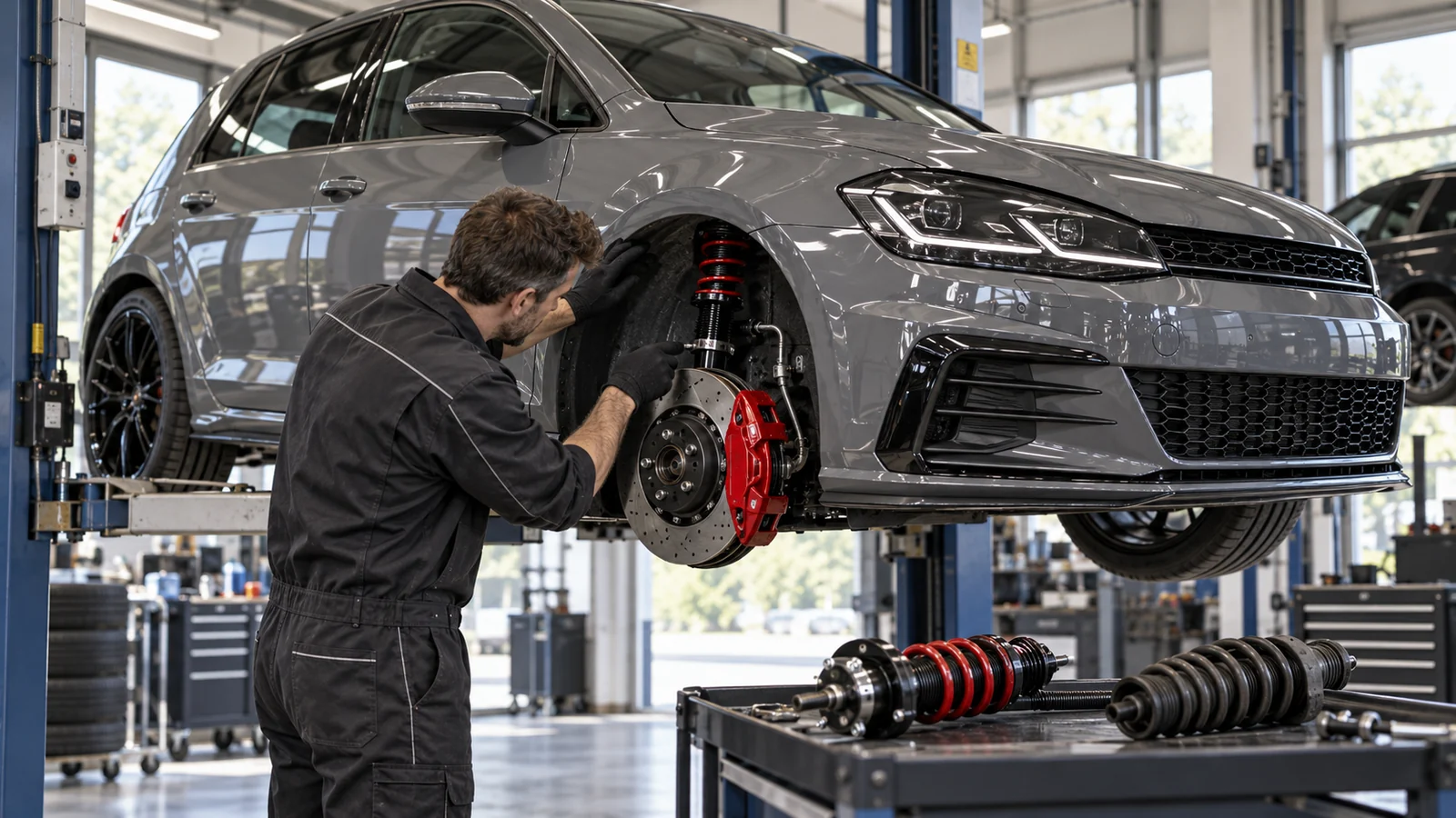 Mechaniker prüft am aufgebockten Auto Gewindefahrwerk und Bremssattel. KI-generierte Szene · redaktionell geprüft.