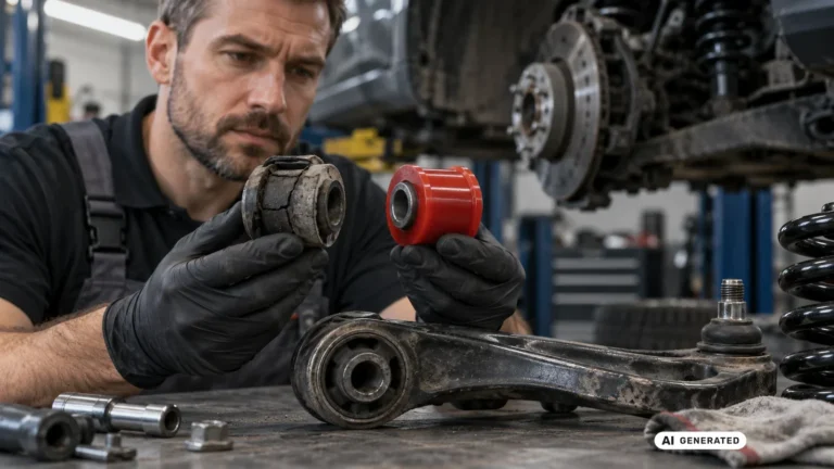 Mechaniker vergleicht eine verschlissene Gummibuchse mit einer neuen roten PU-Buchse. KI-generiertes Symbolbild · redaktionell geprüft.