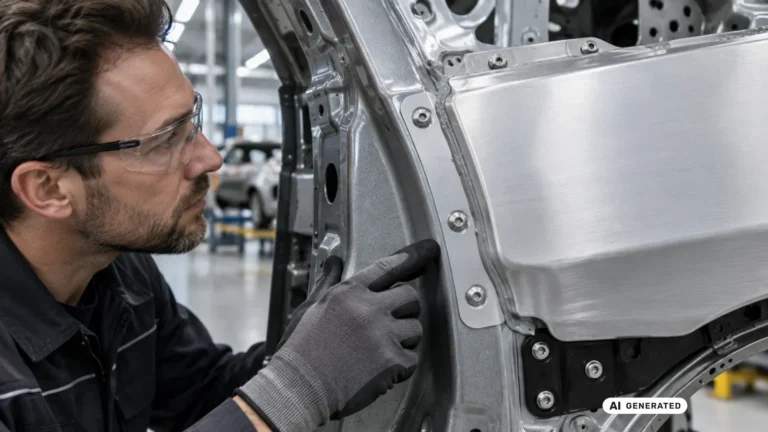 Mechaniker prüft eine geklebte und geschweißte Karosseriefügestelle am Seitenrahmen eines Fahrzeugs. KI-generiertes Symbolbild · redaktionell geprüft.