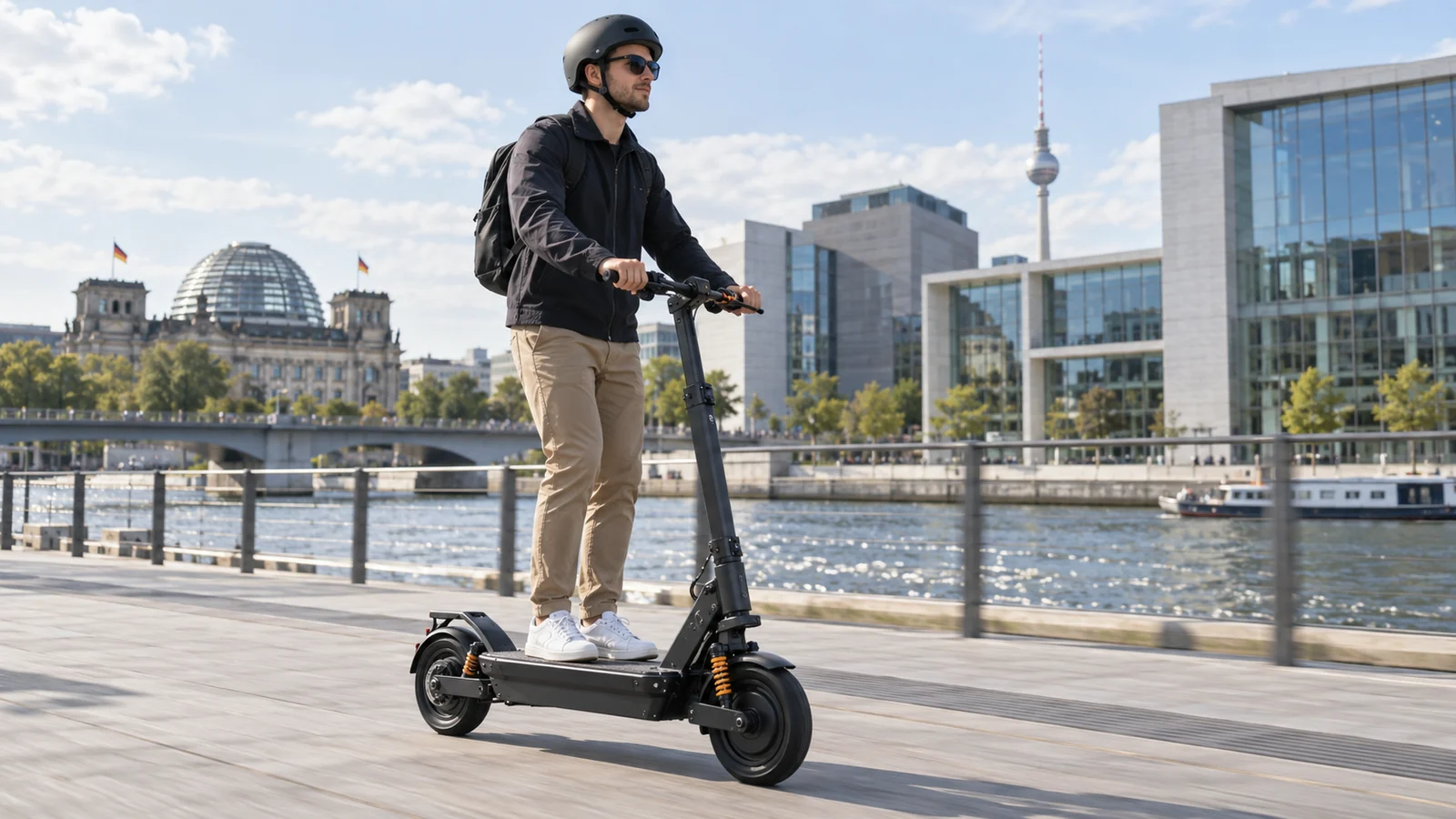 Fahrer mit Helm rollt auf einem E-Scooter über eine Uferpromenade in Berlin. KI-generierte Szene · redaktionell geprüft.