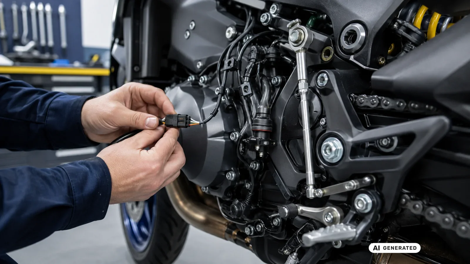 KI-generiertes Symbolbild, redaktionell geprüft: Eine Hand montiert am Schaltgestänge eines Motorrads den kleinen Sensor der Schaltautomatik mit Werkzeug — KI-generierte Szene, redaktionell geprüft