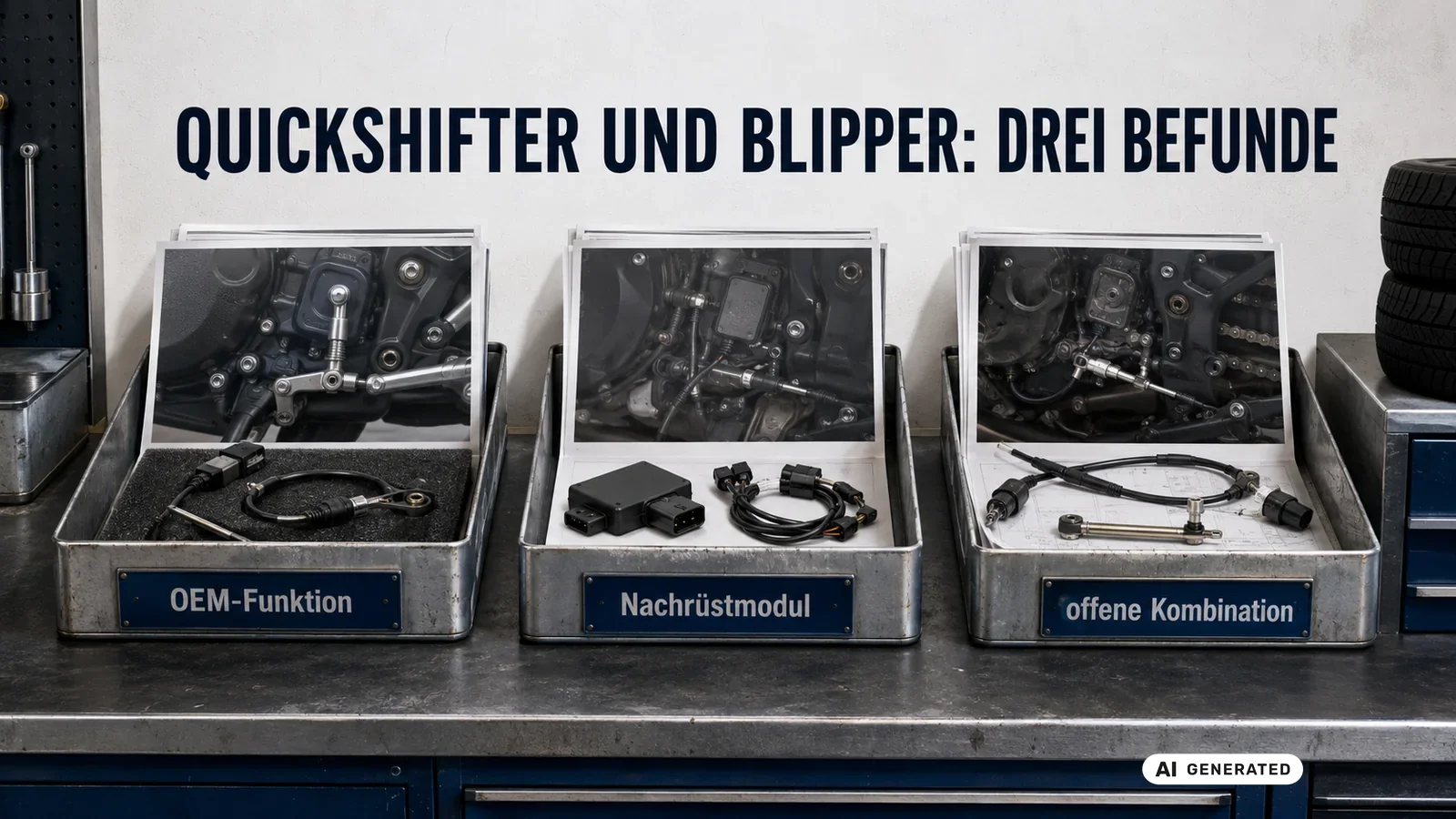 Drei Schaltsystem-Befunde: ab Werk vorhandene OEM-Funktion, Nachrüstmodul und offene Kombination. — KI-generierte Szene, redaktionell geprüft