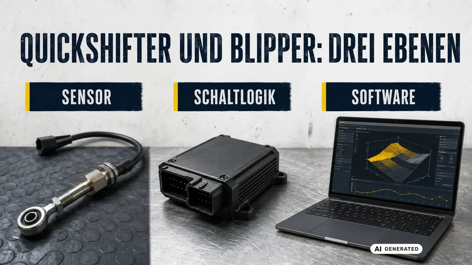 Quickshifter und Blipper in drei Ebenen: Sensor am Schaltgestänge, Schaltlogik und zugehörige Software. — KI-generierte Szene, redaktionell geprüft