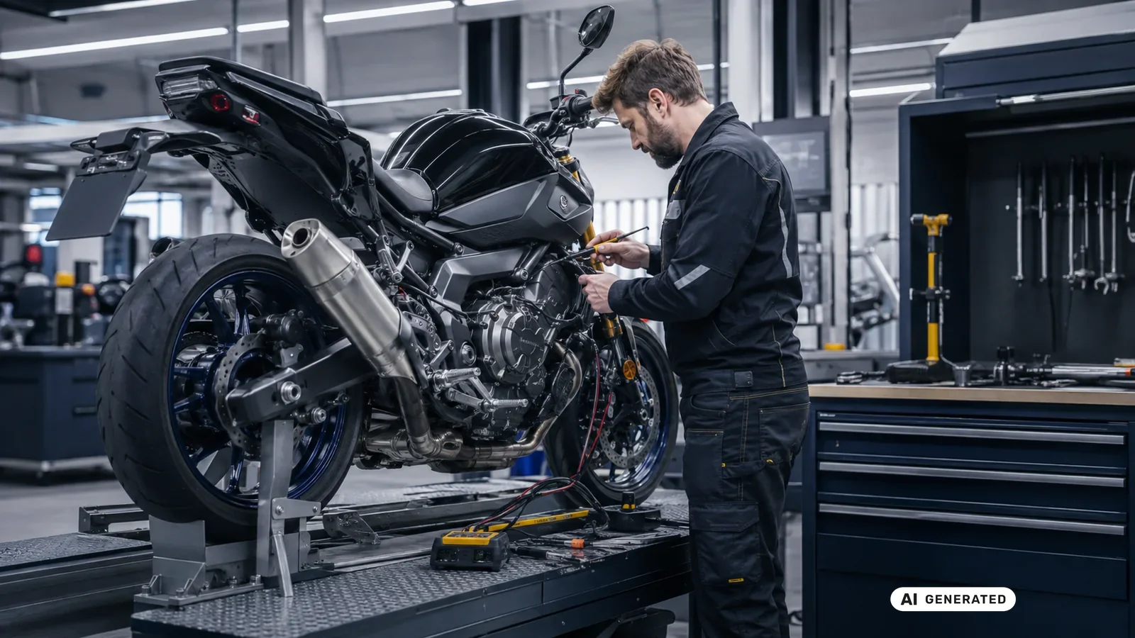 KI-generiertes Symbolbild, redaktionell geprüft: Ein Mechaniker justiert am aufgebockten Motorrad das Schaltgestänge auf der linken Fahrzeugseite — KI-generierte Szene, redaktionell geprüft