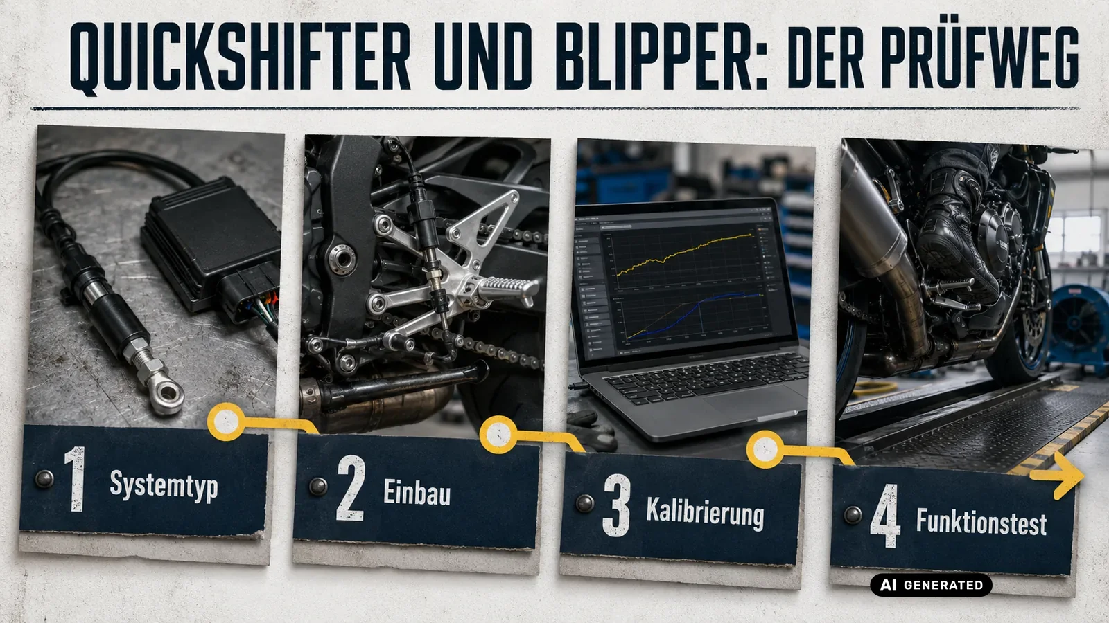 Vier Schritte beim Quickshifter: Systemtyp, Einbau, Kalibrierung und abschließender Funktionstest. — KI-generierte Szene, redaktionell geprüft