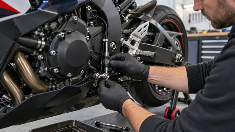 Quickshifter und Blipper nachrüsten: Mechaniker prüft ein Motorrad und zugehörige Anbauteile in der Werkstatt. KI-generiertes Symbolbild · redaktionell geprüft.