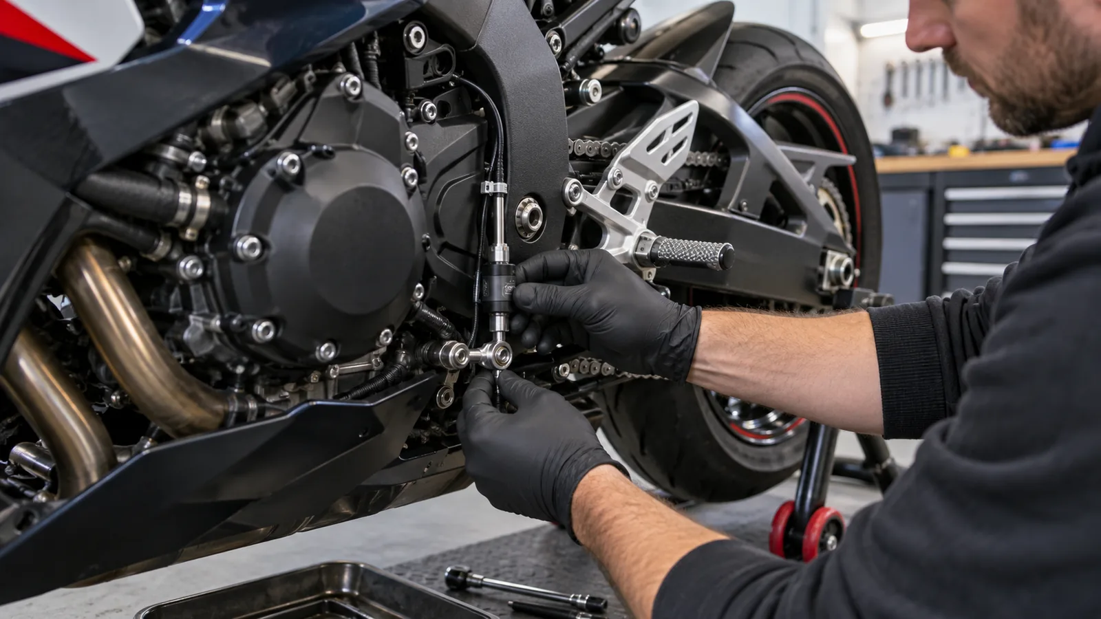 Quickshifter und Blipper nachrüsten: Mechaniker prüft ein Motorrad und zugehörige Anbauteile in der Werkstatt. KI-generiertes Symbolbild · redaktionell geprüft.