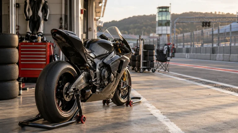 Rennmotorrad ohne Kennzeichen auf Montageständern in der Boxengasse einer Rennstrecke, daneben Slicks. KI-generiertes Symbolbild · redaktionell geprüft.