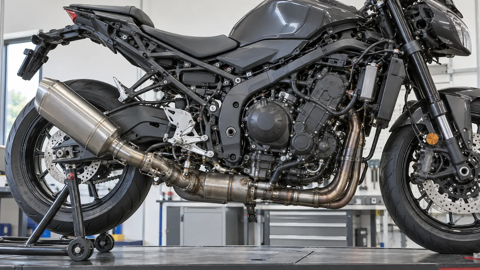 Motorrad ohne Verkleidung auf dem Ständer, Blick auf Motor, Krümmer, Kat und Endschalldämpfer. KI-generierte Szene · redaktionell geprüft.