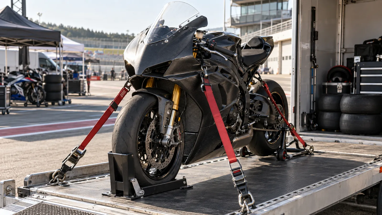 Verkleidetes Rennmotorrad mit Spanngurten auf der Ladefläche eines Transporters im Fahrerlager einer Rennstrecke. KI-generierte Szene · redaktionell geprüft.