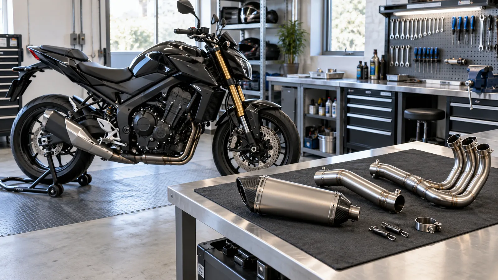 Schwarzes Naked Bike auf dem Montageständer in einer Werkstatt, auf dem Tisch liegen Krümmer und Endschalldämpfer. KI-generiertes Symbolbild · redaktionell geprüft.