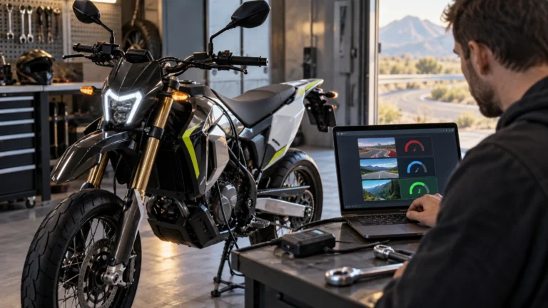 Laptop mit drei Fahrmodi für Rennstrecke, Landstraße und Bergstraße, daneben ein Motorrad mit Spiegeln und Blinkern. KI-generiertes Symbolbild · redaktionell geprüft.