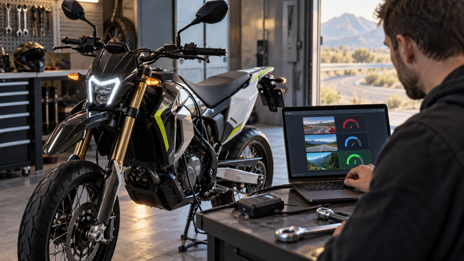 Laptop mit drei Fahrmodi für Rennstrecke, Landstraße und Bergstraße, daneben ein Motorrad mit Spiegeln und Blinkern. KI-generiertes Symbolbild · redaktionell geprüft.