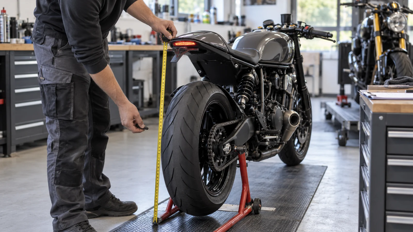 Mechaniker misst mit dem Bandmaß die Höhe der Rückleuchte an einem Café-Racer-Heck. KI-generierte Szene · redaktionell geprüft.