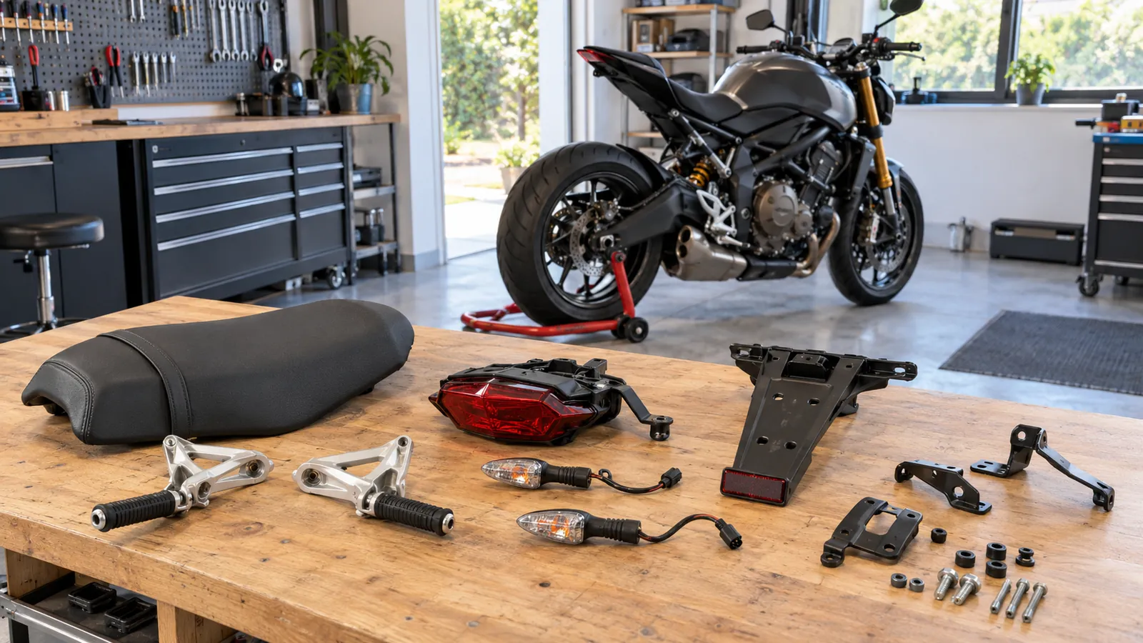 Sitzbank, Rückleuchte, Kennzeichenhalter und Blinker auf einer Werkbank vor einem Motorrad. KI-generierte Szene · redaktionell geprüft.