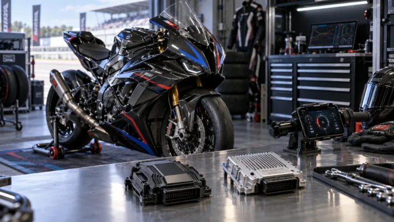 Zwei Steuergeräte auf einer Werkbank, daneben ein Anzeigegerät am Lenkerstück, im Hintergrund ein Superbike. KI-generiertes Symbolbild · redaktionell geprüft.