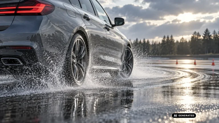 Fahrzeug durchfährt eine nasse Kurve mit sichtbarem Wasserspray von den Reifen. KI-generiertes Symbolbild · redaktionell geprüft.