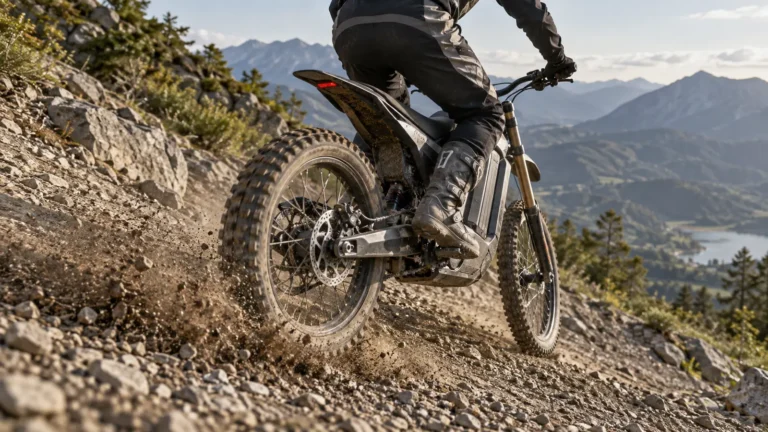 Hinterrad mit Bremsscheibe eines E-Enduros wirft auf einer steilen Schotterabfahrt im Gebirge loses Geröll auf. KI-generiertes Symbolbild · redaktionell geprüft.