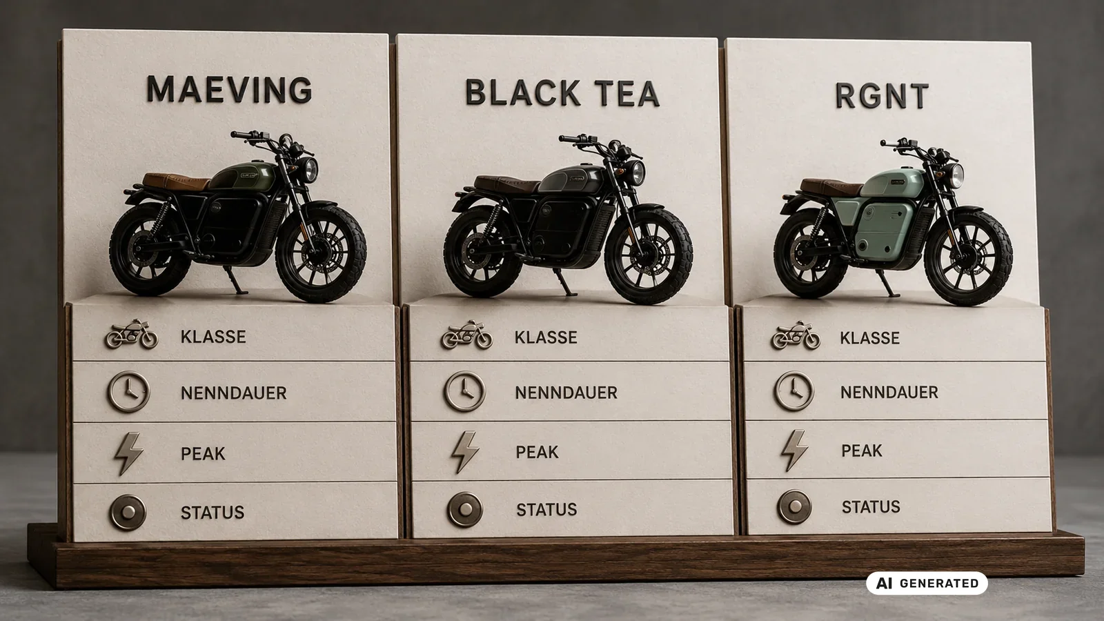Vergleich Maeving, Black Tea und RGNT nach Klasse, Nenndauerleistung, Peakleistung und Marktstatus. KI-generiertes Symbolbild · redaktionell geprüft.