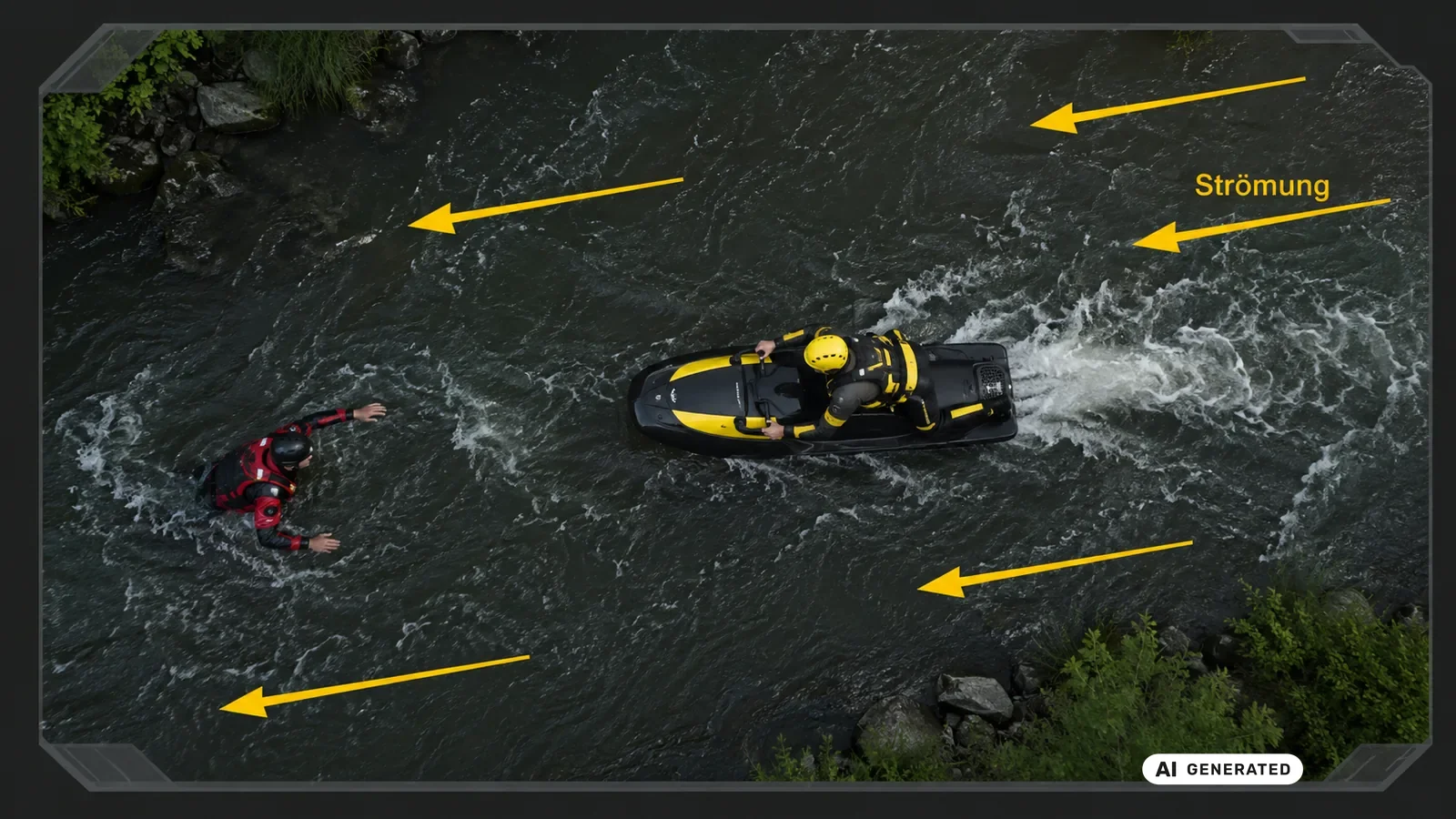 Rettungskraft mit elektrischem Antrieb in Strömung und Fließgewässer. KI-generiertes Symbolbild · redaktionell geprüft.