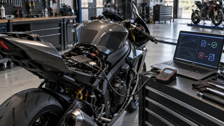 Superbike mit abgenommenem Heck und freiliegendem Steuergerät, daneben Flash-Handgerät und Laptop mit Freigabesymbol. KI-generiertes Symbolbild · redaktionell geprüft.
