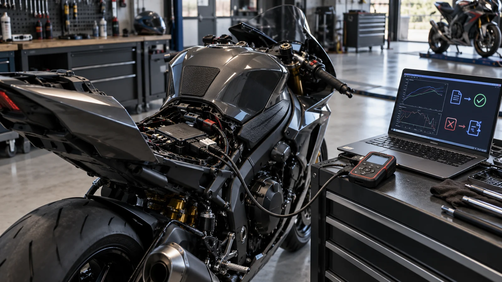 Superbike mit abgenommenem Heck und freiliegendem Steuergerät, daneben Flash-Handgerät und Laptop mit Freigabesymbol. KI-generiertes Symbolbild · redaktionell geprüft.