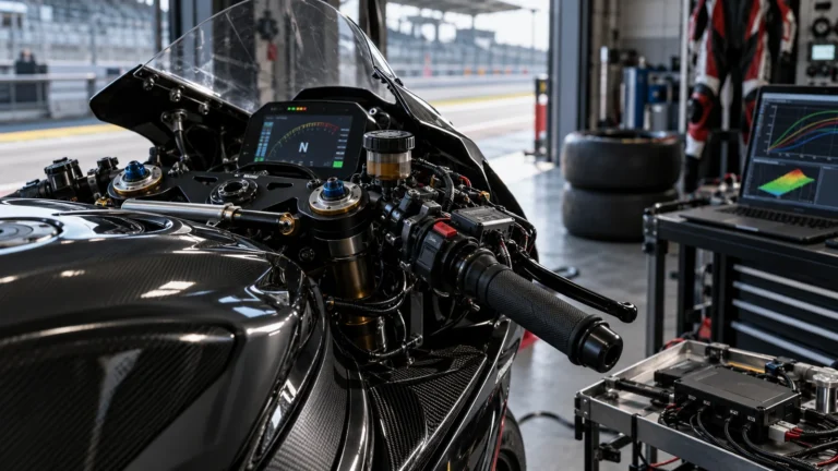Cockpit eines Rennmotorrads mit Gasgriff und Lenkerarmatur, daneben ein Laptop mit dreidimensionaler Race Map. KI-generiertes Symbolbild · redaktionell geprüft.