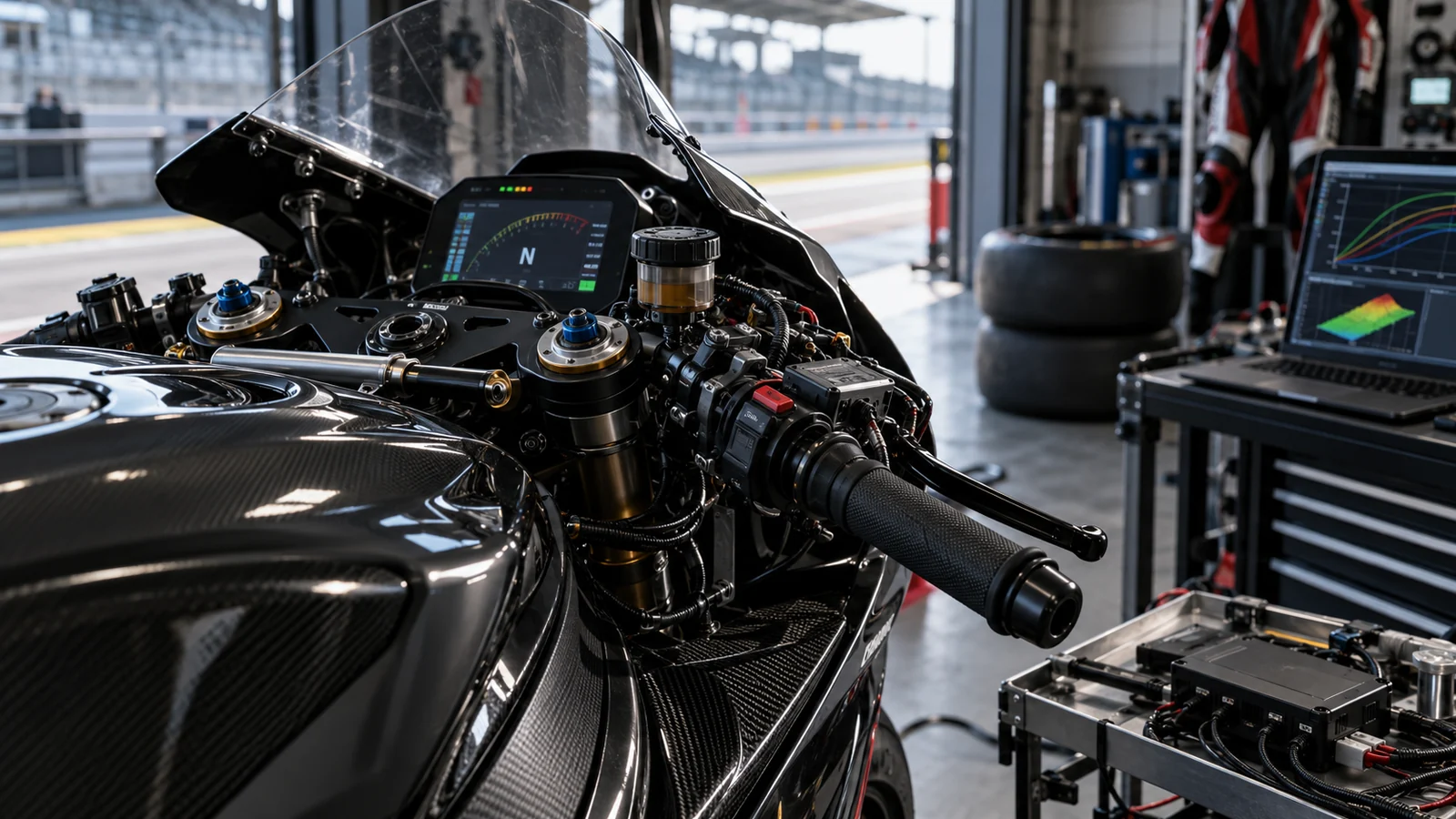 Cockpit eines Rennmotorrads mit Gasgriff und Lenkerarmatur, daneben ein Laptop mit dreidimensionaler Race Map. KI-generiertes Symbolbild · redaktionell geprüft.