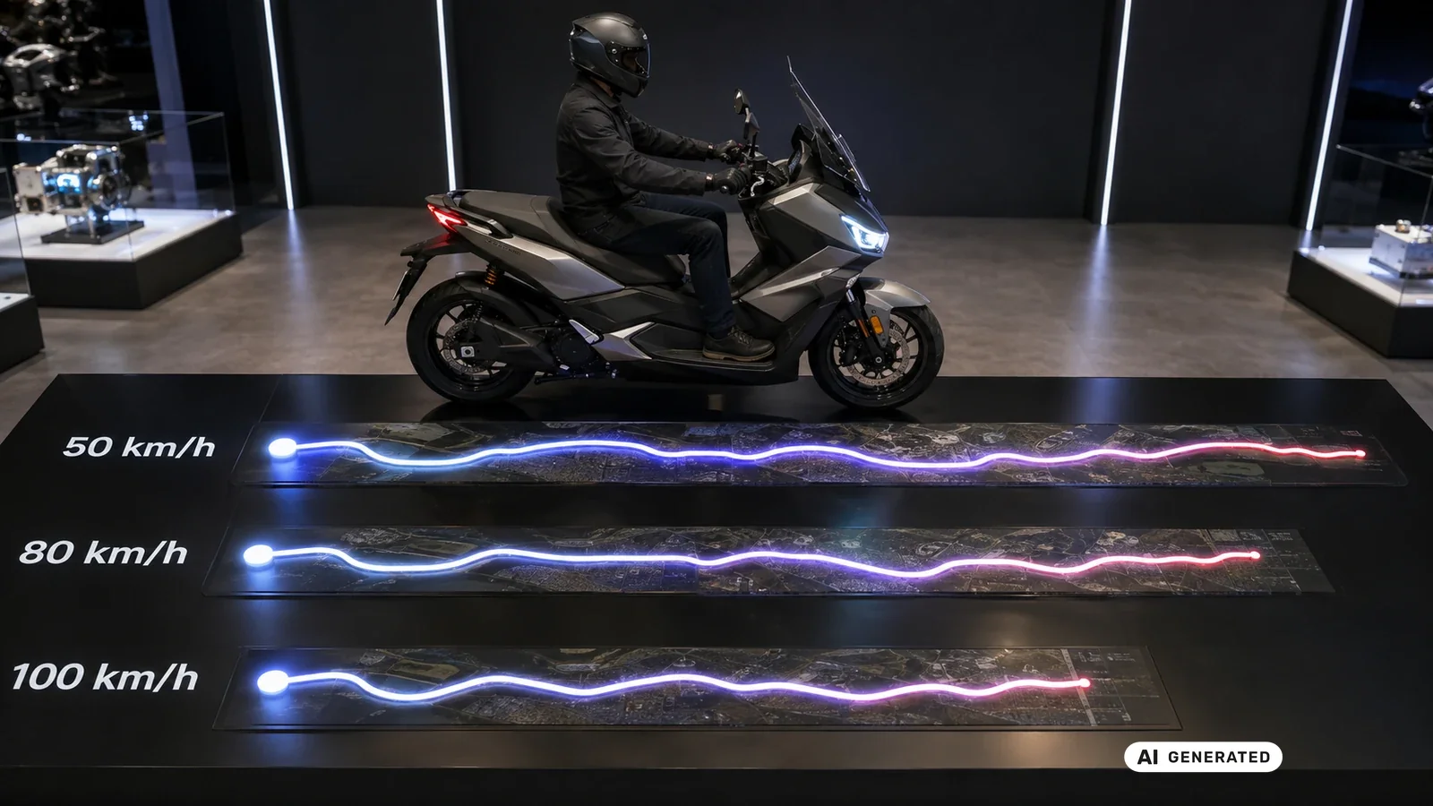 Reichweite des Rieju RAY 7.7 bei 50, 80 und 100 km/h im Vergleich. KI-generiertes Symbolbild · redaktionell geprüft.