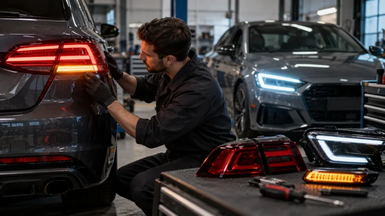 Rückleuchten, Blinker und Tagfahrlicht am Auto nachrüsten: Servicetechniker prüft ein Fahrzeug und zugehörige Bauteile in der Werkstatt. KI-generiertes Symbolbild · redaktionell geprüft.