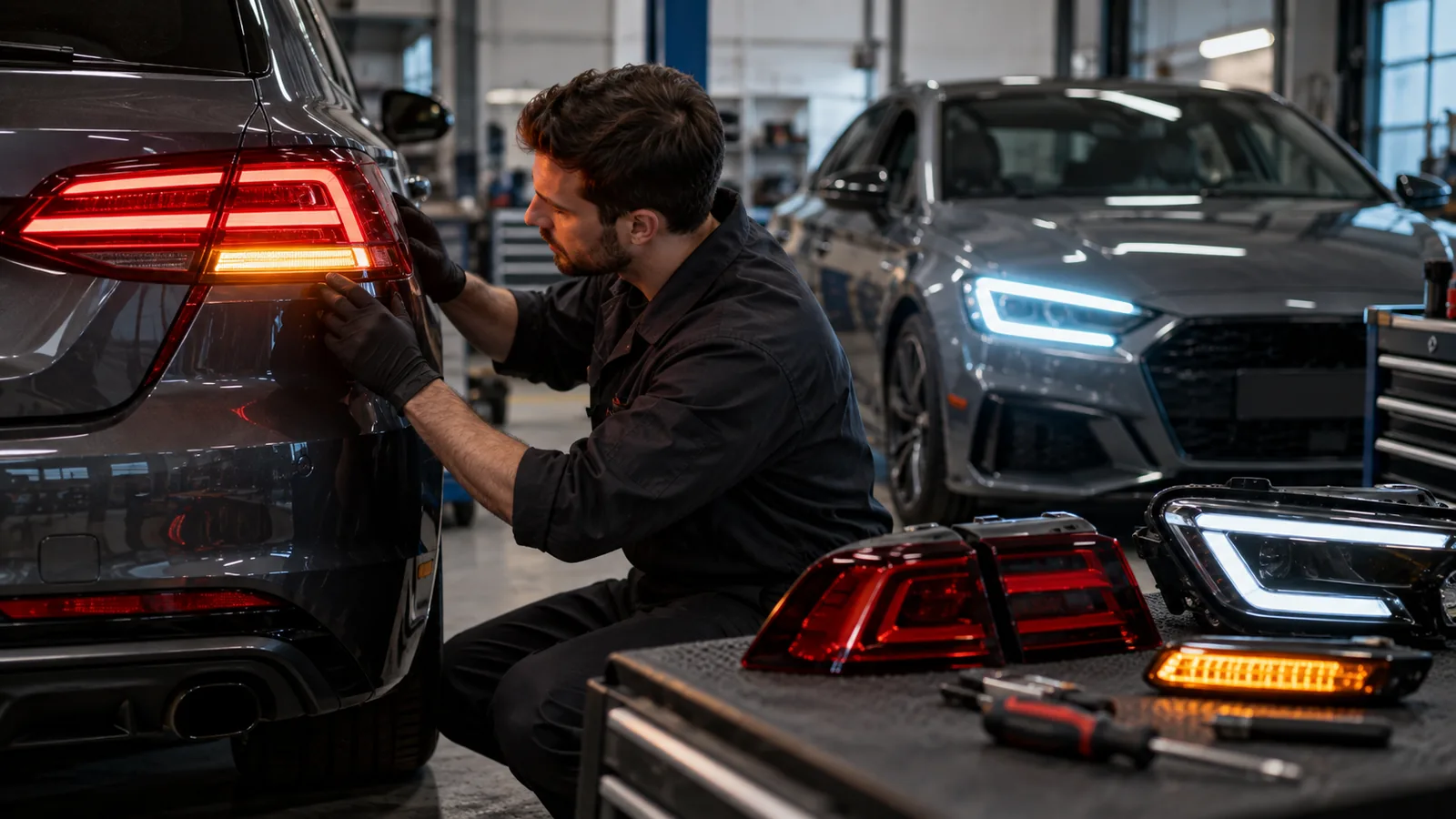 Rückleuchten, Blinker und Tagfahrlicht am Auto nachrüsten: Servicetechniker prüft ein Fahrzeug und zugehörige Bauteile in der Werkstatt. KI-generiertes Symbolbild · redaktionell geprüft.