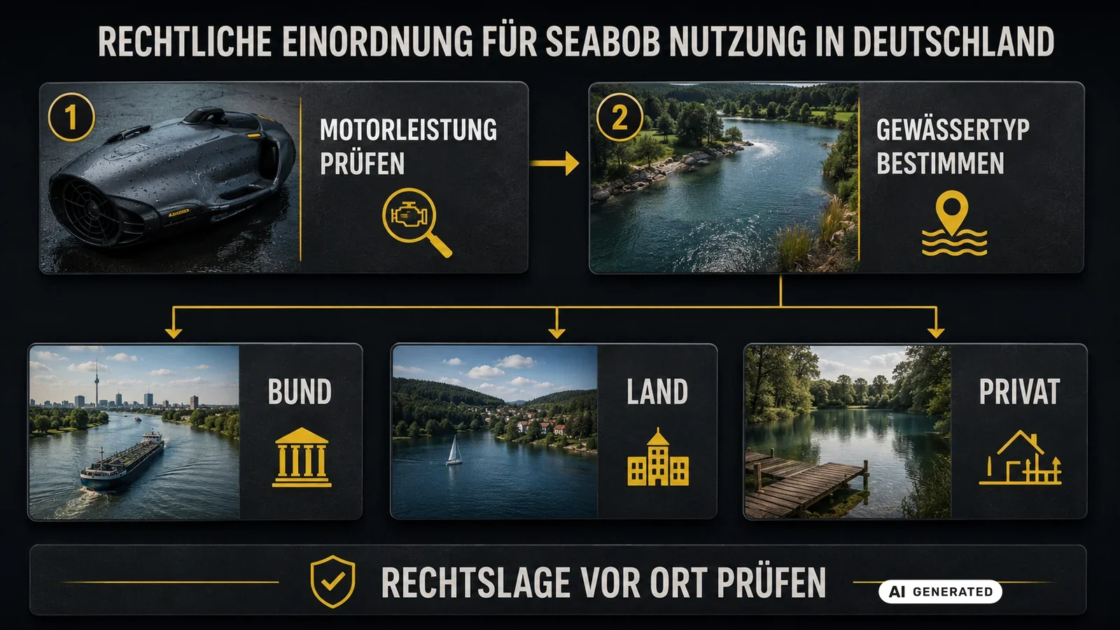 Ablaufgrafik zur rechtlichen Einordnung der Seabob-Nutzung in Deutschland nach Motorleistung und Gewässertyp. KI-generiertes Symbolbild · redaktionell geprüft.