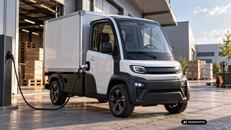 Sevic V500e L7e-CU-Transporter lädt vor einer Lagerhalle. KI-generiertes Symbolbild · redaktionell geprüft.
