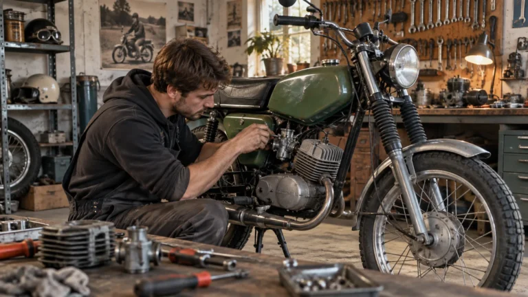 Simson tunen: Mechaniker begutachtet Anbauteile an dem Motorrad in der Werkstatt. KI-generiertes Symbolbild · redaktionell geprüft.