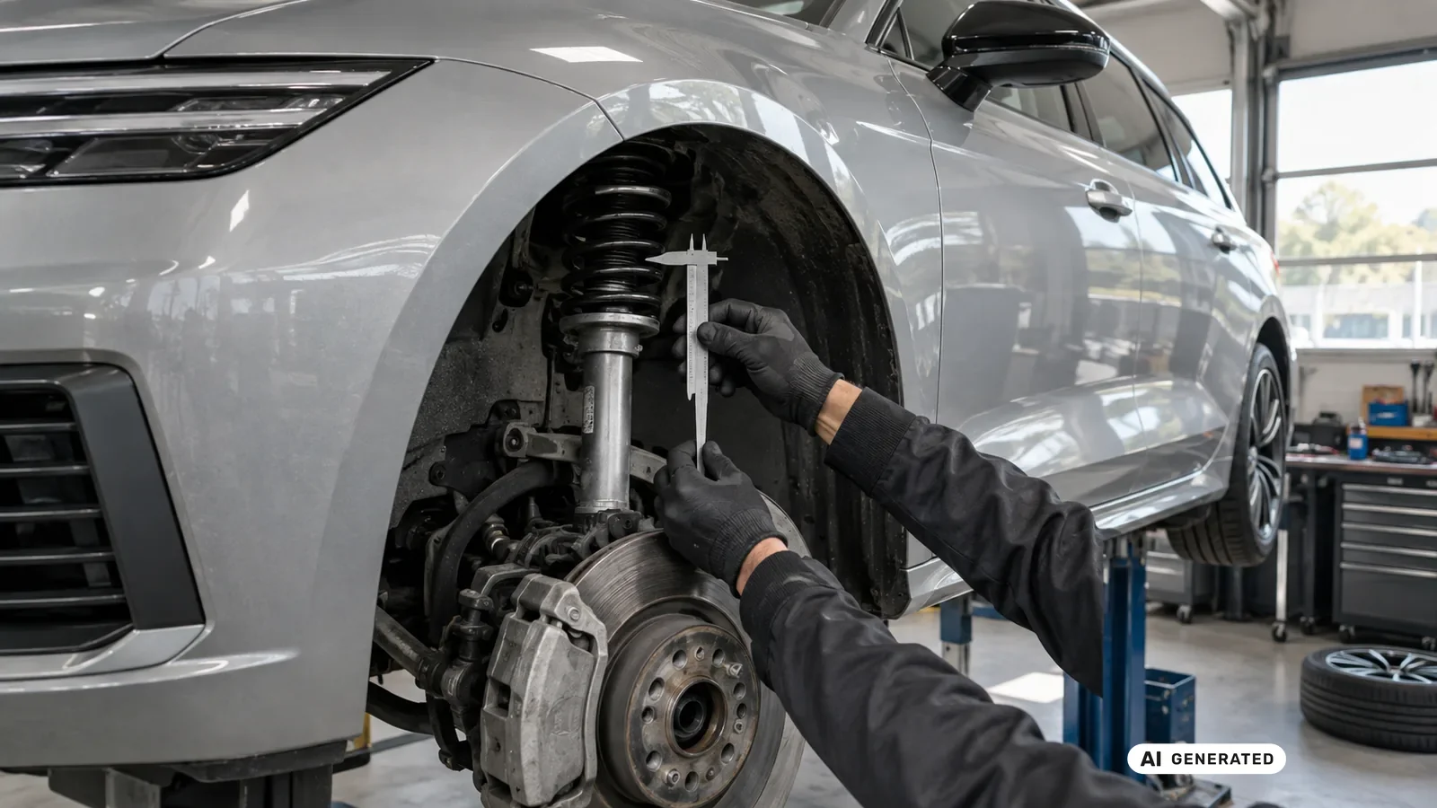 Technische Detailprüfung zum Thema DCC, Federn und Gewindefahrwerk an einer neutralen Fahrzeugdarstellung für Škoda Octavia RS 5E. — KI-generierte Szene, redaktionell geprüft