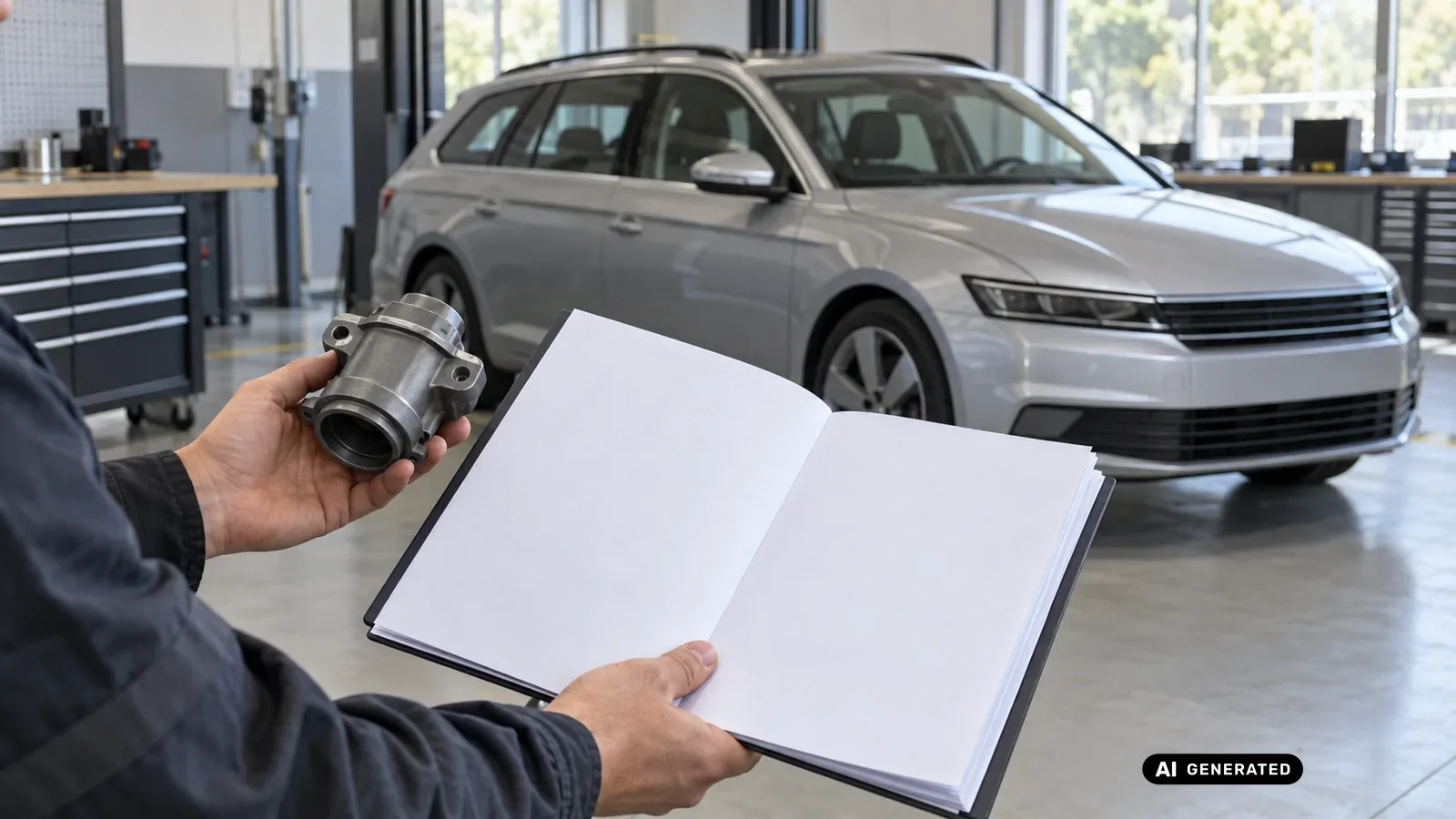 Dokumenten- und Bauteilabgleich für den Beitrag Škoda Octavia RS 5E; Schrift und persönliche Daten sind nicht lesbar. — KI-generierte Szene, redaktionell geprüft