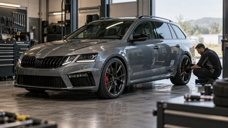 Škoda Octavia RS 5E 2013–2020 legal tunen: Servicetechniker prüft das Fahrzeug in der Kfz-Werkstatt. KI-generiertes Symbolbild · redaktionell geprüft.