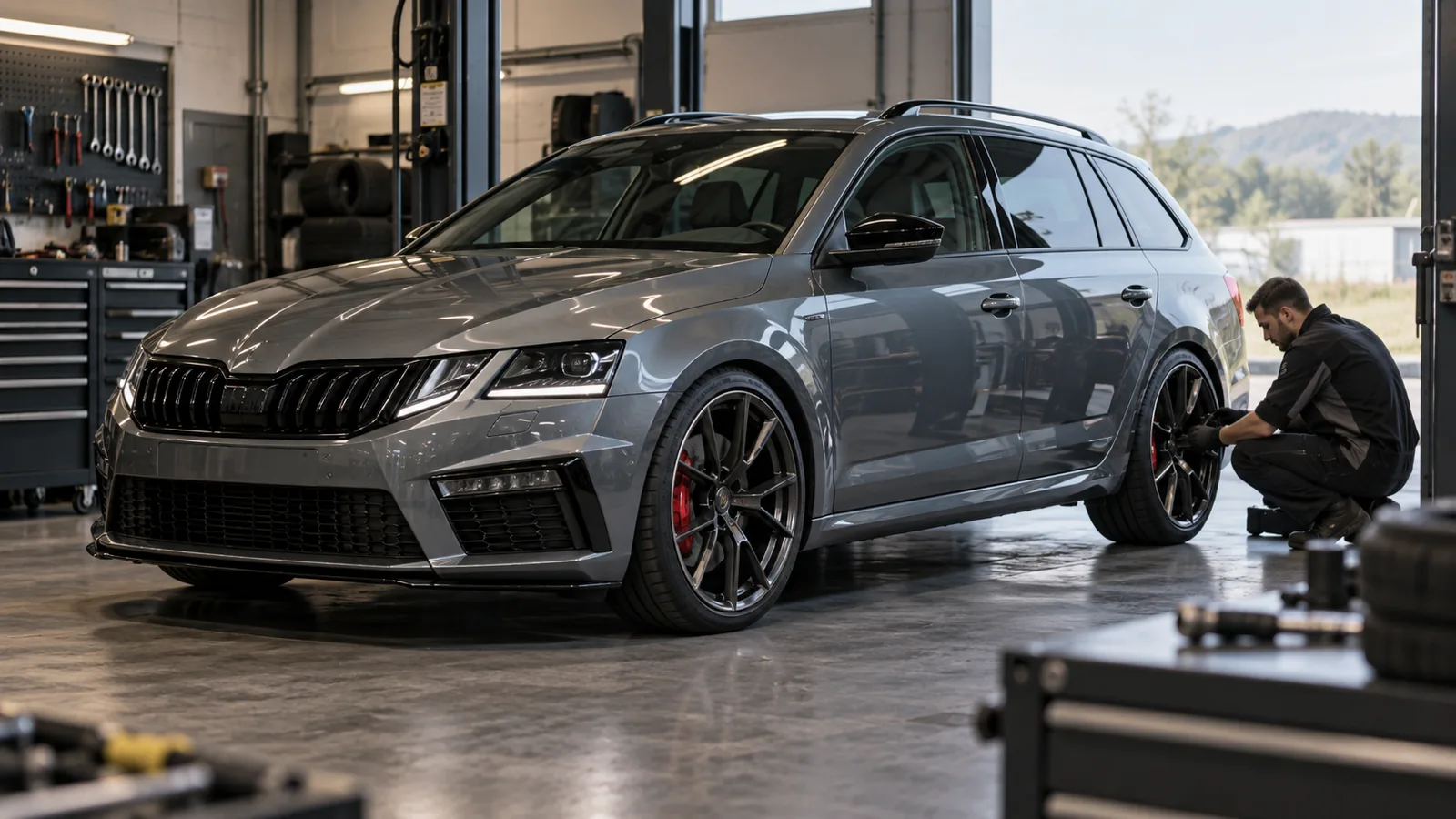 Škoda Octavia RS 5E 2013–2020 legal tunen: Servicetechniker prüft das Fahrzeug in der Kfz-Werkstatt. KI-generiertes Symbolbild · redaktionell geprüft.